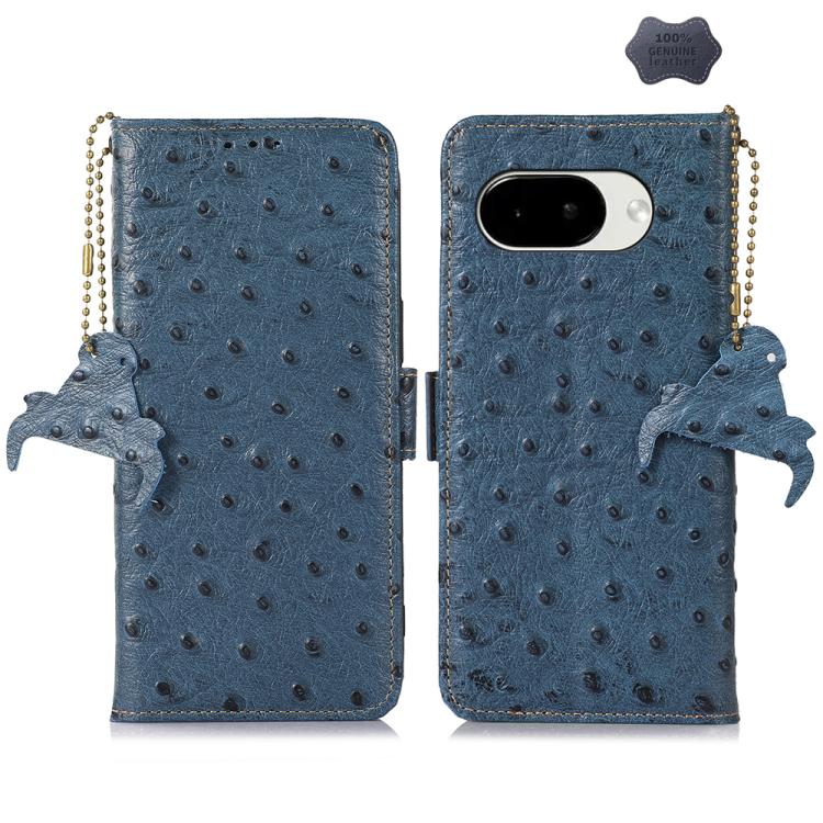 Blue genuine leather RFID phone case with ostrich texture, beaded chain, bird side charm