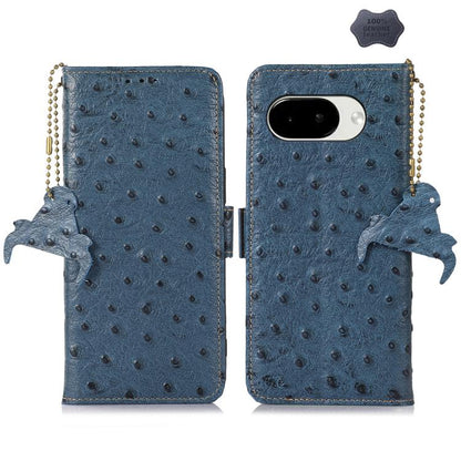 Blue genuine leather RFID phone case with ostrich texture, beaded chain, bird side charm