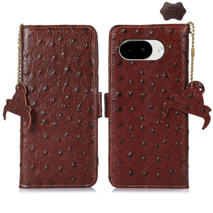 Coffee brown genuine leather RFID phone case with ostrich texture, beaded chain, bird charm