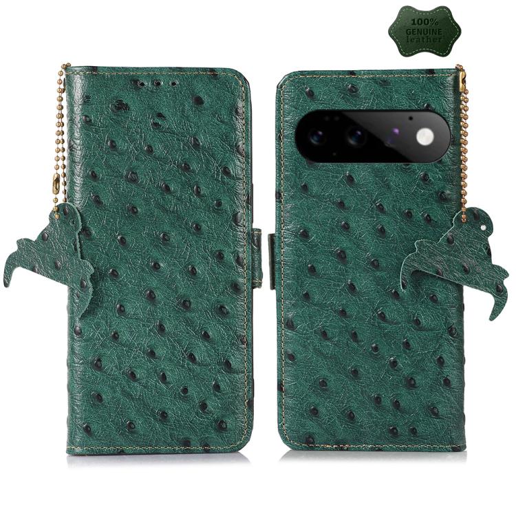 Green ostrich-pattern leather phone case with beaded zipper and flip cover