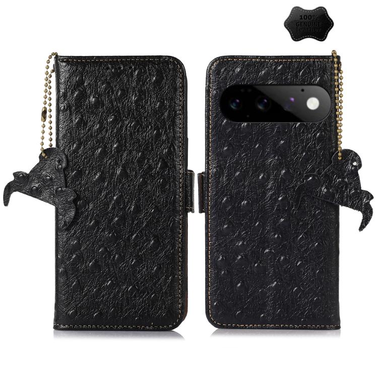 Black genuine leather RFID phone case with ostrich texture, beaded chain, side bird charm