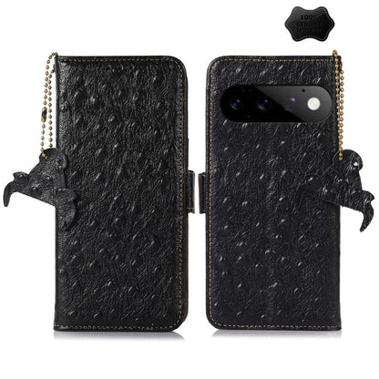Black genuine leather RFID phone case with ostrich texture, beaded chain, side bird charm