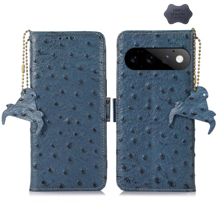 Blue genuine leather RFID phone case with ostrich texture, beaded chain, side bird charm