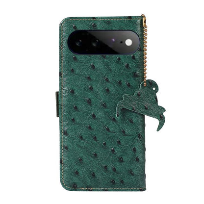 Green ostrich-pattern leather phone case with camera cutout and side strap