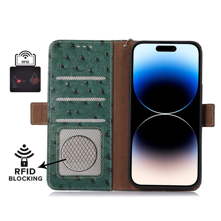 Green genuine leather phone case with RFID blocking, card slots, and folio cover