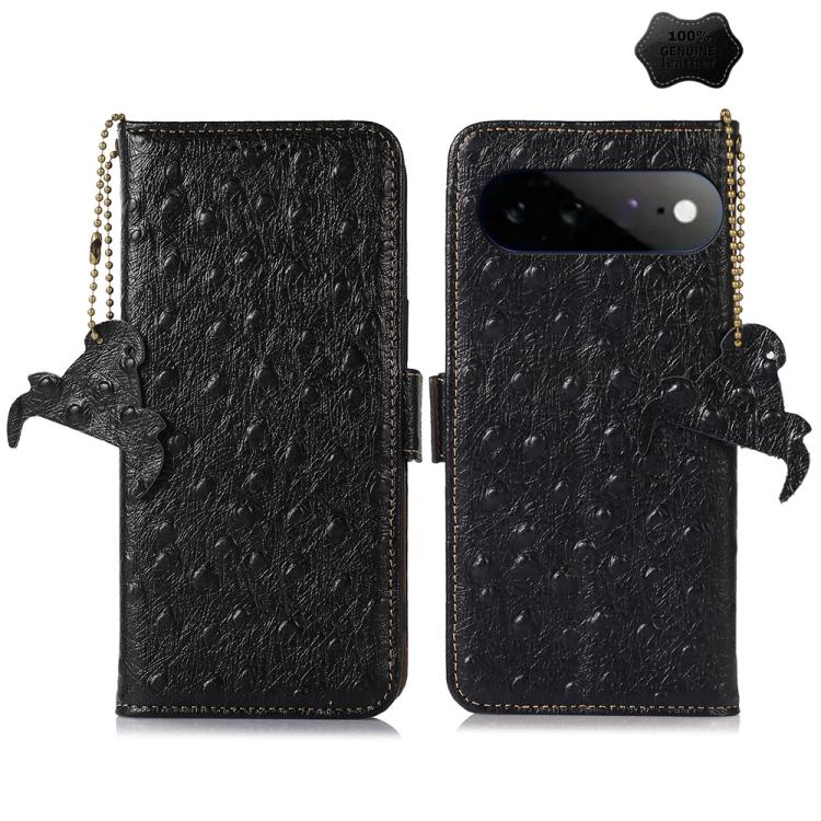 Black ostrich-pattern genuine leather phone case with card slots and beaded zipper
