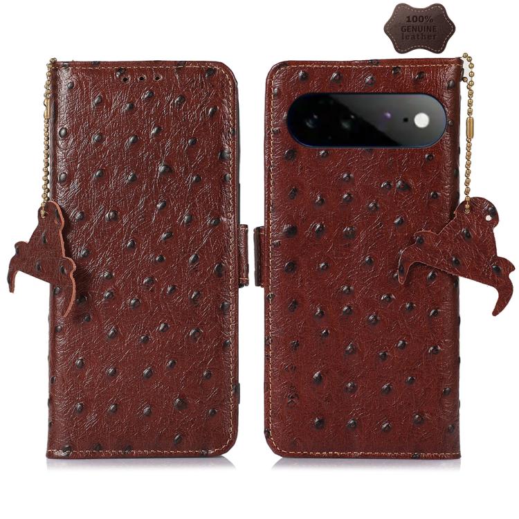 Brown ostrich-pattern genuine leather phone case with folio cover and beaded zipper
