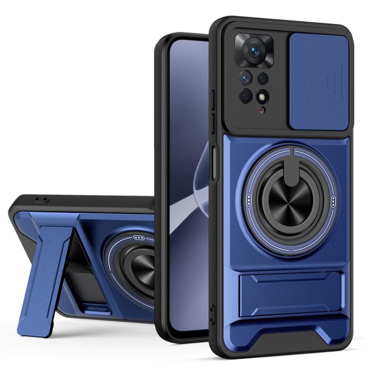 Magnetic phone case with sliding lens cover, shockproof bumper, and ring stand; royal blue