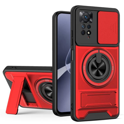 Magnetic sliding phone case with circular lens window, red back, and kickstand