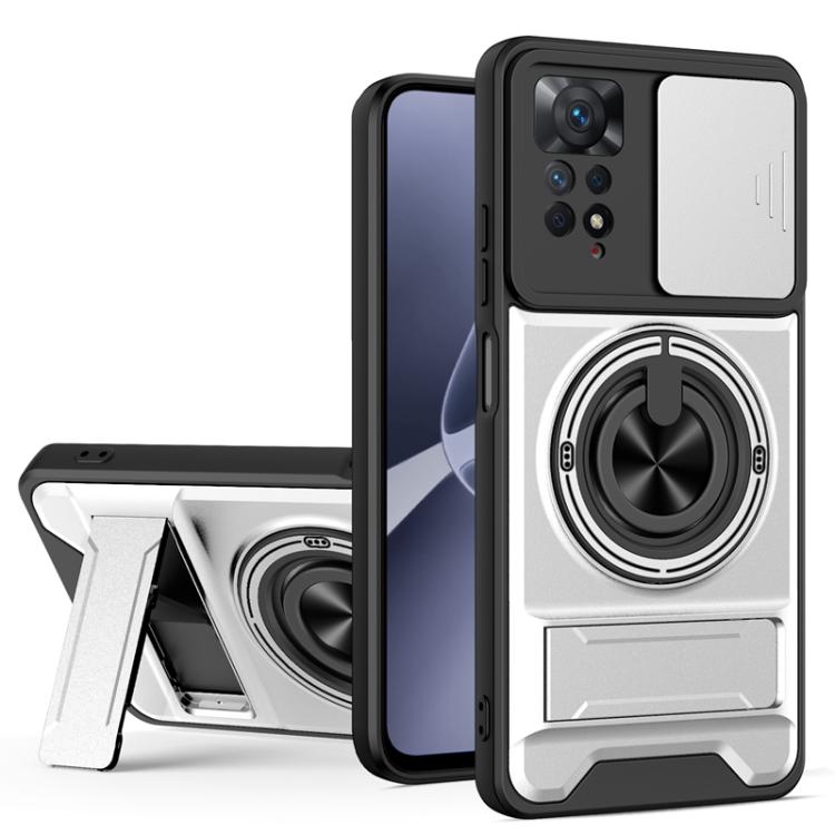Magnetic sliding phone case with circular lens window, white back, and kickstand