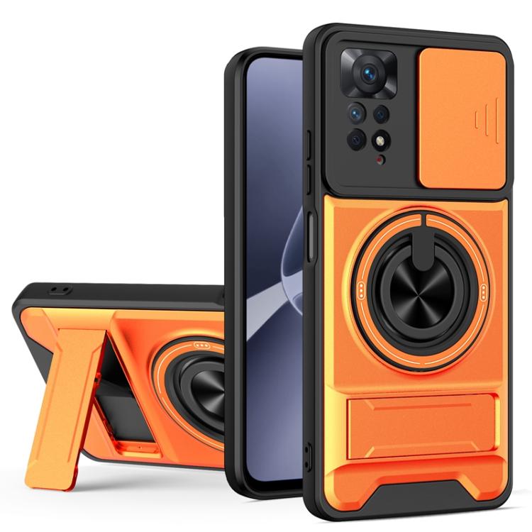 Magnetic sliding phone case with circular lens window, orange back, and kickstand
