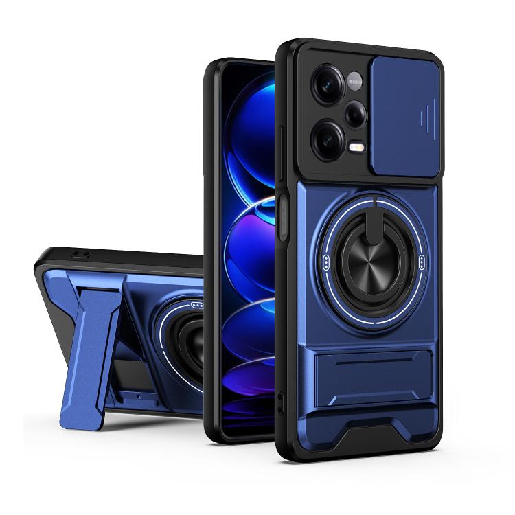 Magnetic phone case with sliding lens cover, shockproof bumper, and ring stand; blue