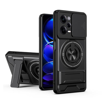 Magnetic phone case with sliding lens cover, shockproof bumper, and ring stand; dark gray