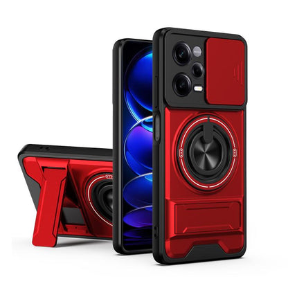 Magnetic phone case with sliding lens cover, shockproof bumper, and ring stand; red