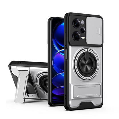 Magnetic phone case with sliding lens cover, shockproof bumper, and ring stand; light gray