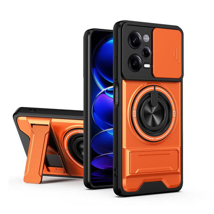 Magnetic phone case with sliding lens cover, shockproof bumper, and ring stand; orange