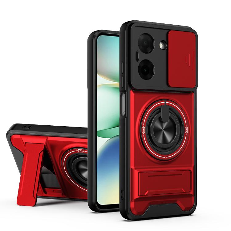 Shockproof phone case with magnetic sliding lens cover and kickstand, red