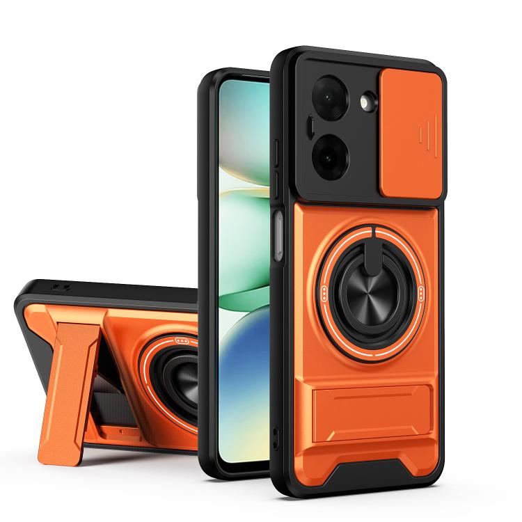 Shockproof phone case with magnetic sliding lens cover and kickstand, orange