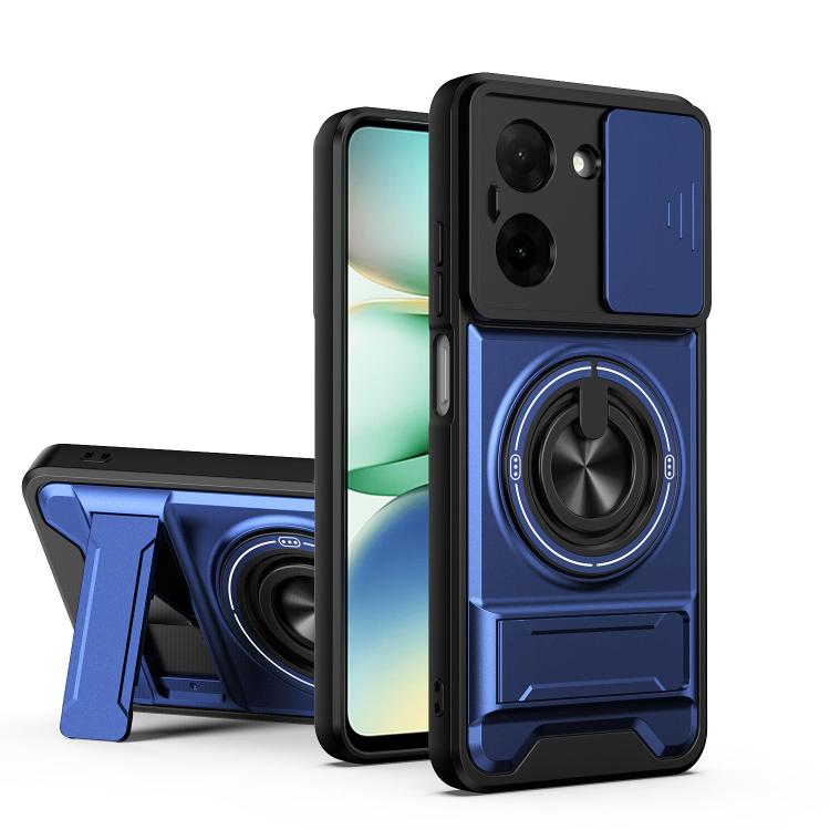 Shockproof phone case with magnetic sliding lens cover and kickstand, royal blue