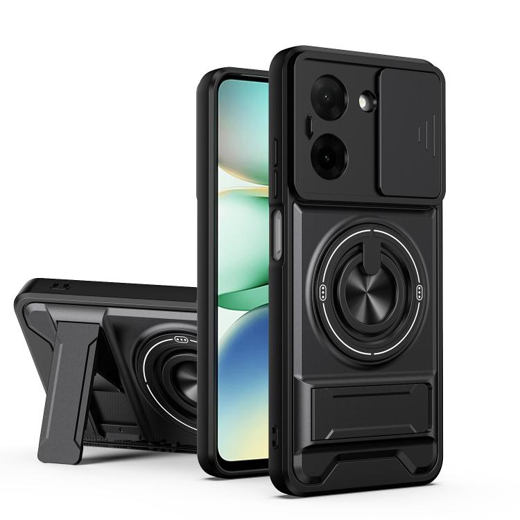 Magnetic phone case with sliding lens cover, shockproof bumper, and ring stand; black