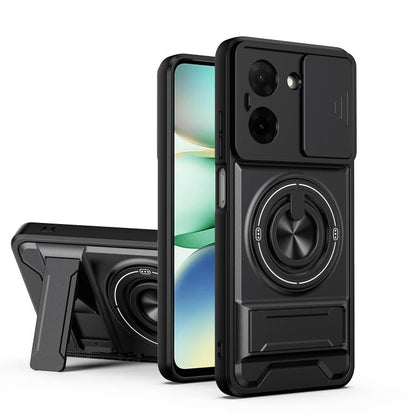 Magnetic phone case with sliding lens cover, shockproof bumper, and ring stand; black