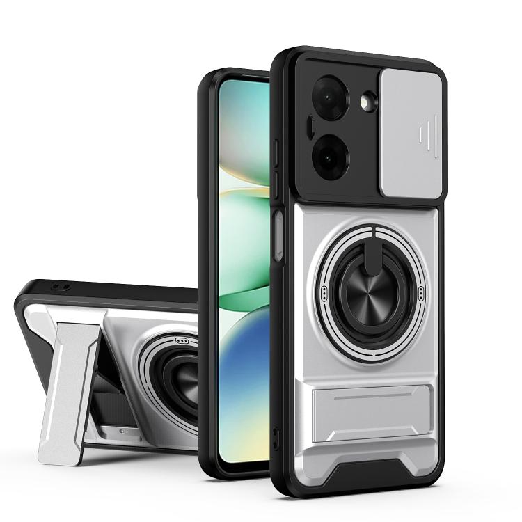 Magnetic phone case with sliding lens cover, shockproof bumper, and ring stand; silver