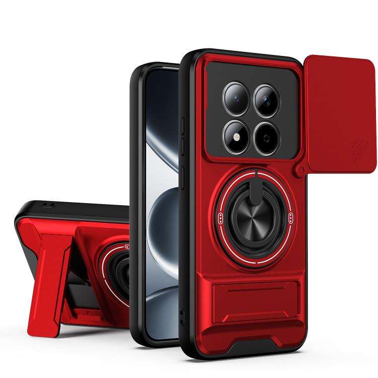 Red magnetic shockproof phone case with circular ring holder and sliding camera cover