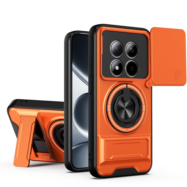 Orange magnetic shockproof phone case with circular ring holder and sliding camera cover