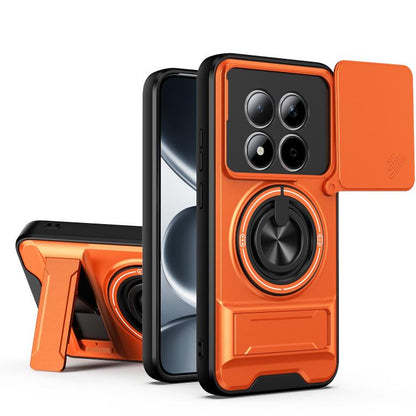 Orange magnetic shockproof phone case with circular ring holder and sliding camera cover