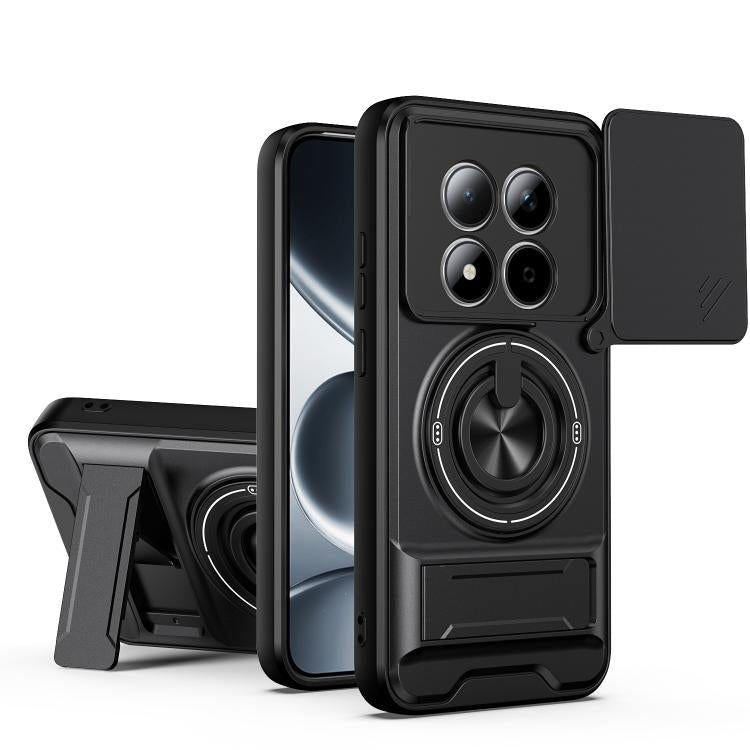 Black magnetic shockproof phone case with circular ring holder and sliding camera cover