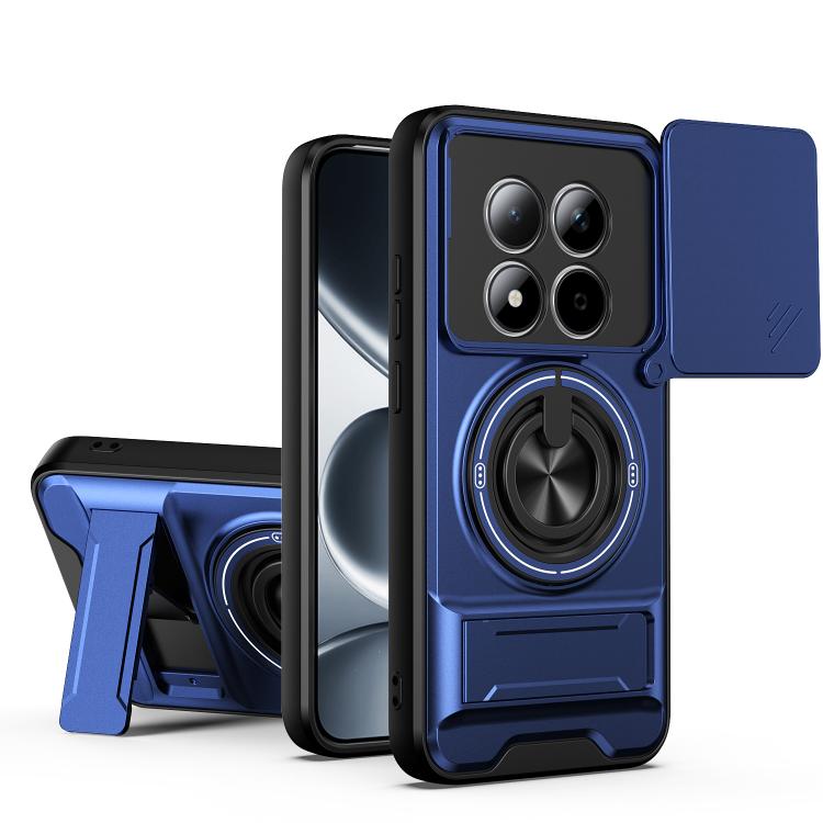 Royal blue magnetic shockproof phone case with circular ring holder and sliding camera cover