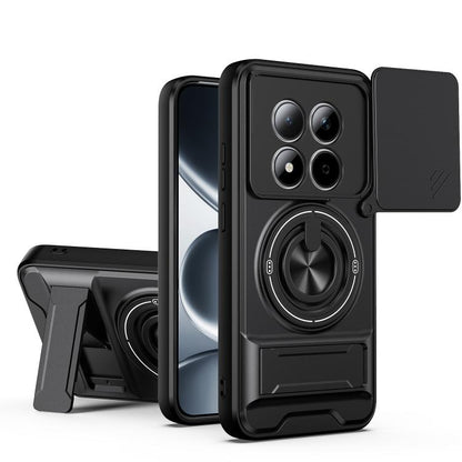Shockproof phone case with magnetic sliding lens cover and kickstand, black