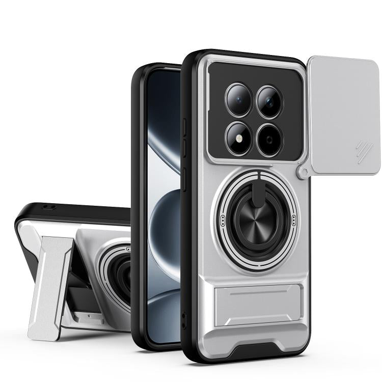 Shockproof phone case with magnetic sliding lens cover and kickstand, light gray