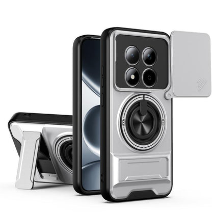 Shockproof phone case with magnetic sliding lens cover and kickstand, light gray