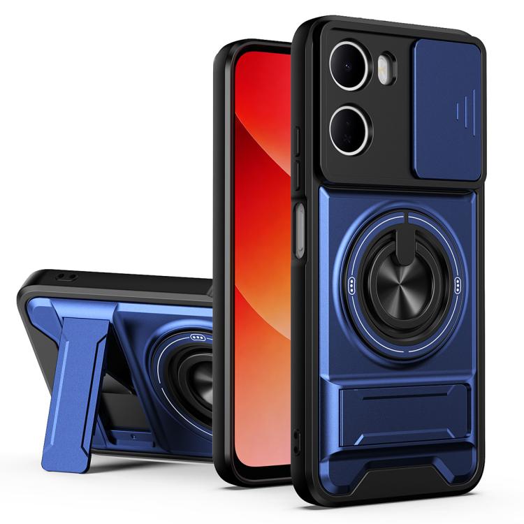 Royal blue shockproof phone case with sliding lens window and circular kickstand grip