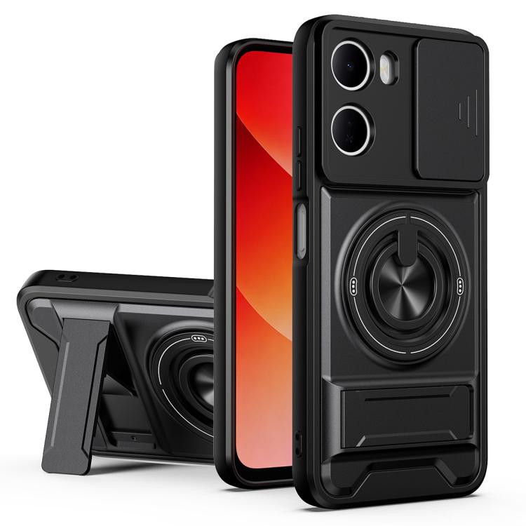 Black shockproof phone case with sliding lens window and circular kickstand grip