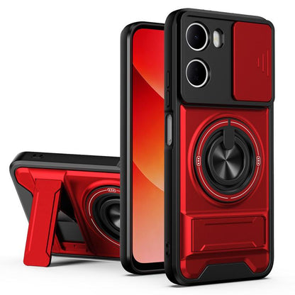 Red shockproof phone case with sliding lens window and circular kickstand grip
