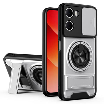 Gray shockproof phone case with sliding lens window and circular kickstand grip