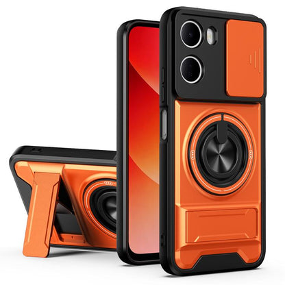 Orange shockproof phone case with sliding lens window and circular kickstand grip