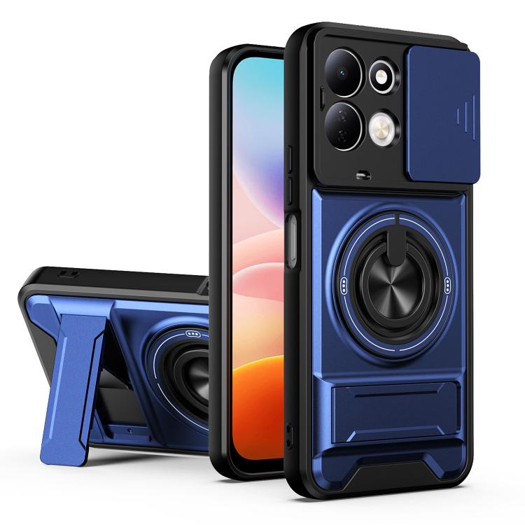 Royal blue shockproof phone case with circular magnetic ring grip and camera cutouts.