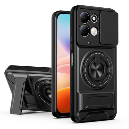 Black shockproof phone case with sliding lens window and circular kickstand grip