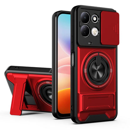 Red shockproof phone case with sliding lens window and circular kickstand grip