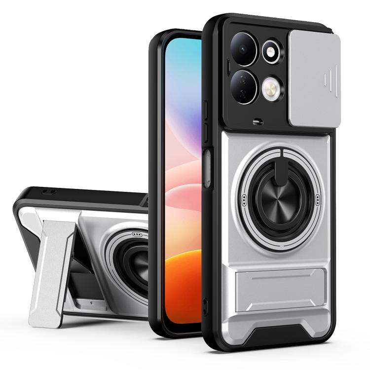 Gray shockproof phone case with sliding lens window and circular kickstand grip