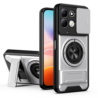Gray shockproof phone case with sliding lens window and circular kickstand grip