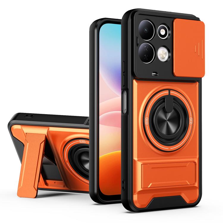 Orange shockproof phone case with sliding lens window and circular kickstand grip