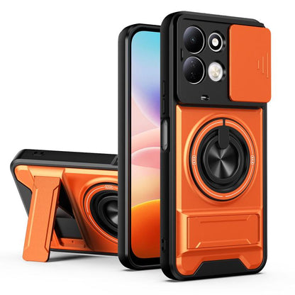 Orange shockproof phone case with sliding lens window and circular kickstand grip