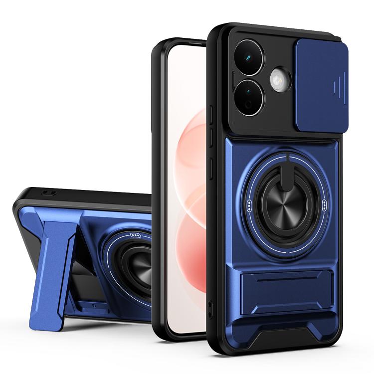 Royal blue shockproof phone case with circular magnetic ring grip and camera cutouts.