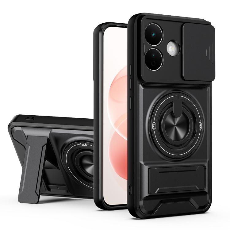 Black shockproof phone case with circular magnetic ring grip and camera cutouts.