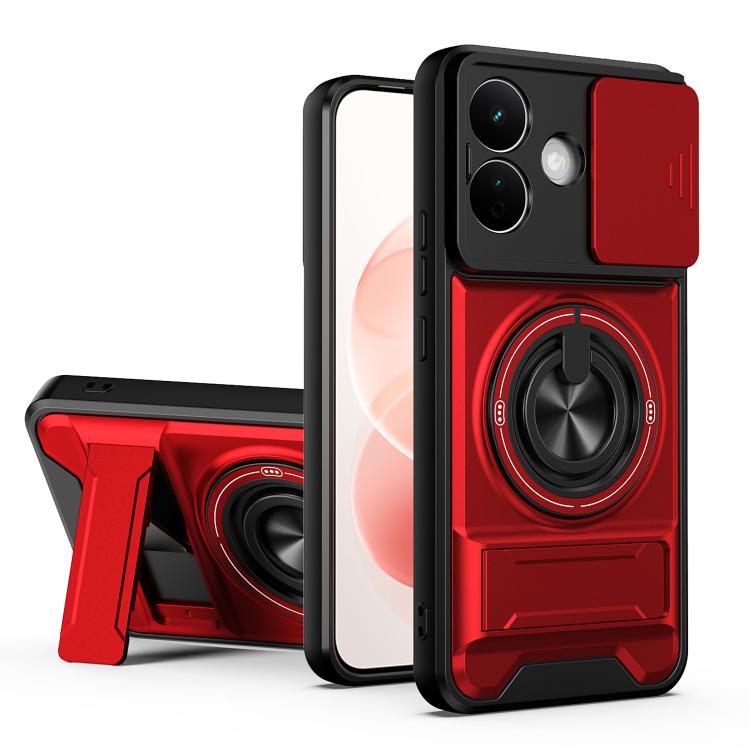 Red shockproof phone case with circular magnetic ring grip and camera cutouts.