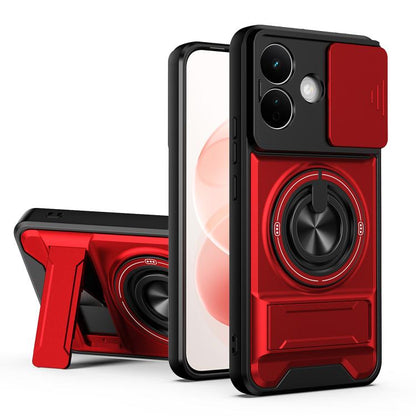 Red shockproof phone case with circular magnetic ring grip and camera cutouts.